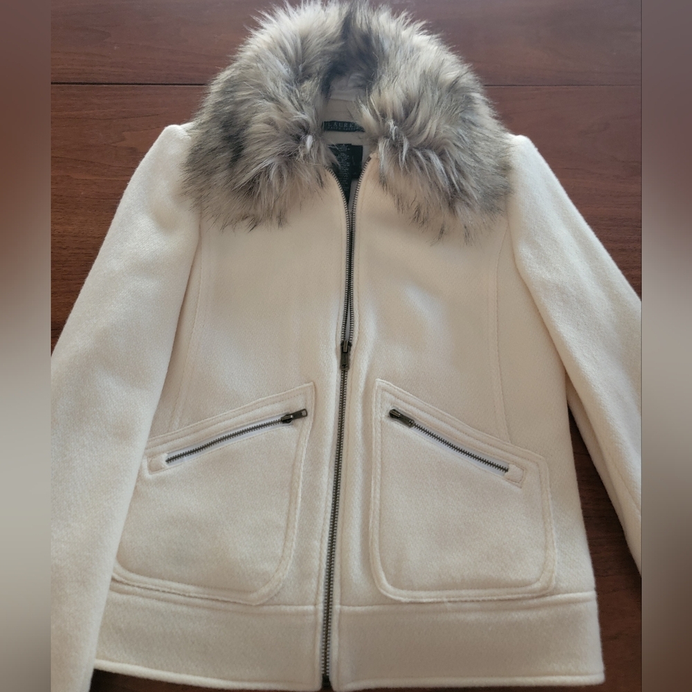 NWT Lauren Ralph Lauren Cream Wool Jacket Removable Faux Fur Collar Small Zip - Picture 9 of 16